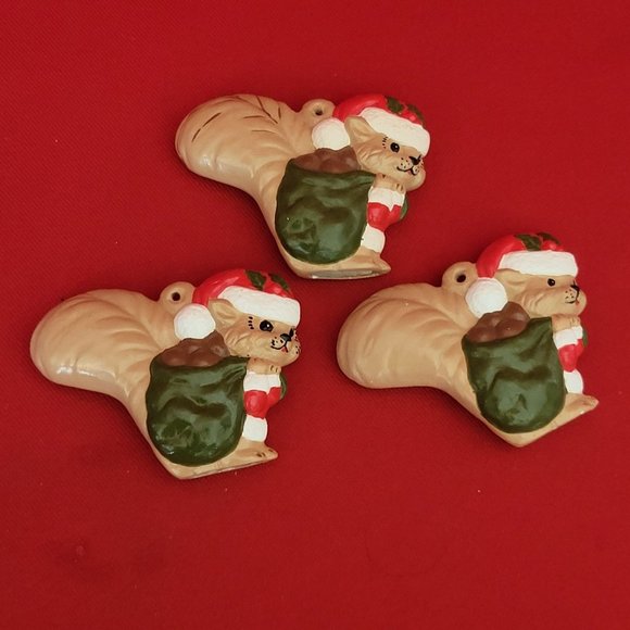 VTG Ceramic Bisque Santa Squirrel Christmas Ornament Set of 3 - Picture 1 of 11